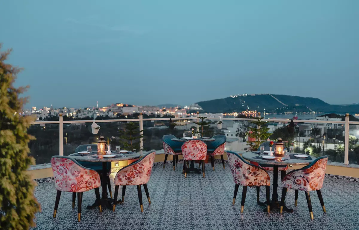 Night view of Udaipur from the rooftop of The Chronicles Hotel